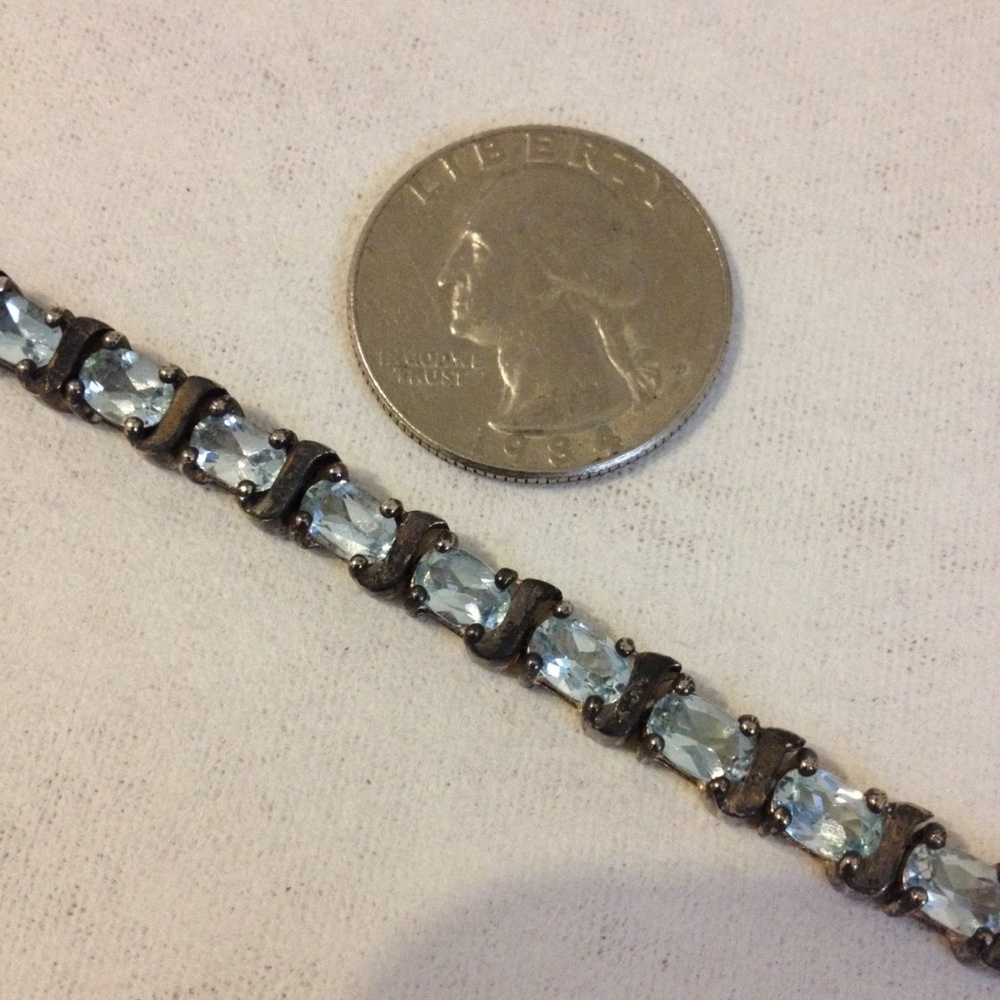 Silver Tennis Bracelet Link Blue Oval Faceted Gemstones Topaz? Vintage Jewelry - Picture 4 of 9